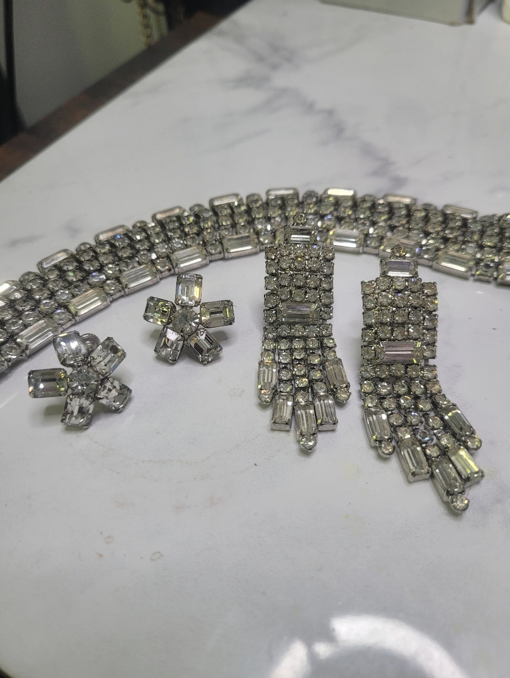 Vintage Weiss Clear Glass Rhinestones 6 row Bracelet and earring set
